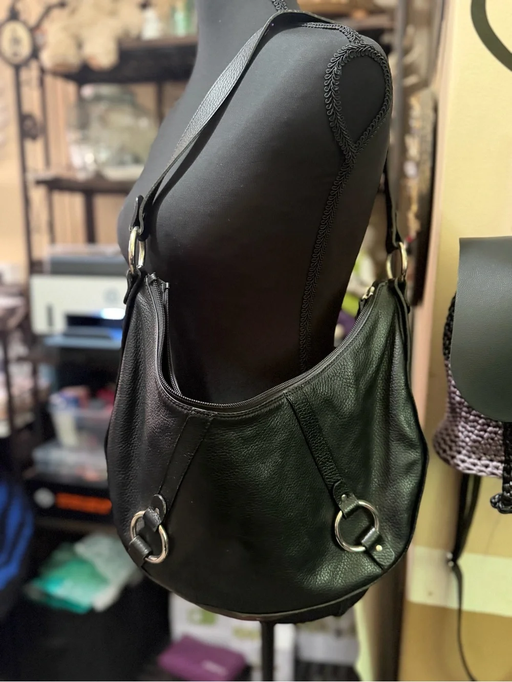 Black Leather Hobo Bag with Silver Ring Accents